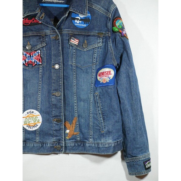 Eddie Bauer Denim Jean Jacket Patches Women XL Biker Bike Week Bands Beer - Picture 4 of 16